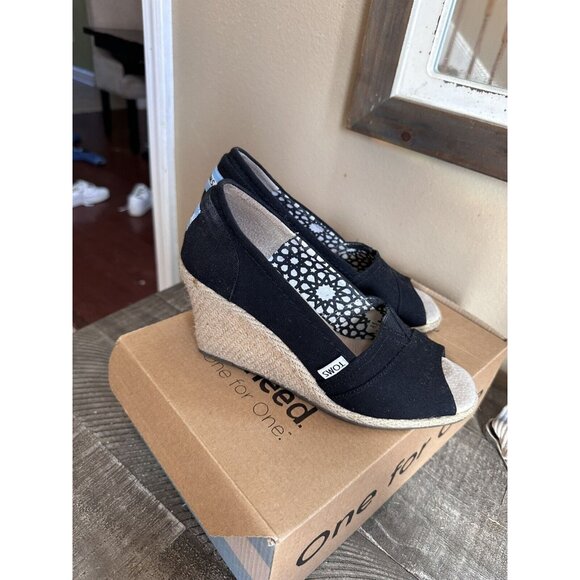 Black Wedge Heels Toms Calypso Women Fabric Peep Toe Pump Espadrille Sz W7.5 - Picture 3 of 5